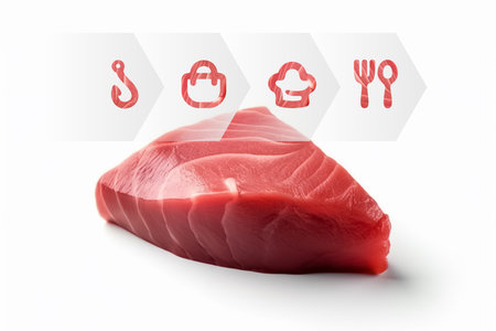 Raw tuna steak on white background, fishing and food, illustration and infographic. AI generated images. Fish, seafood, cooking, meal and meatの素材