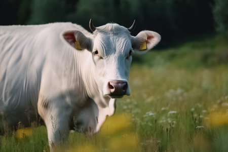 Cow grazes in a meadow and eats grass, animal and pet, illustration. AI generated images. Livestock, livestock, agriculture and farm, dairy and milk, imageの素材