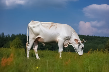 Cow grazes in a meadow and eats grass, animal and pet, illustration. AI generated images. Livestock, livestock, agriculture and farm, dairy and milk, imageの素材