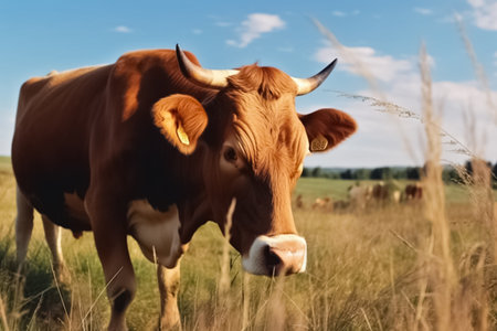 Cow grazes in a meadow and eats grass, animal and pet, illustration. AI generated images. Livestock, livestock, agriculture and farm, dairy and milk, imageの素材