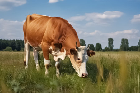 Cow grazes in a meadow and eats grass, animal and pet, illustration. AI generated images. Livestock, livestock, agriculture and farm, dairy and milk, imageの素材