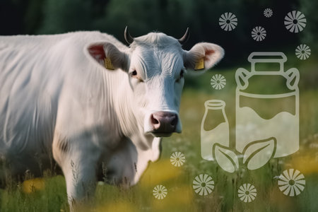 Cow grazes in a meadow, milk can and glass milk bottle, flowers, illustration. AI generated images. Livestock, cattle breeding, animal and pet, dairy and milk, imageの素材