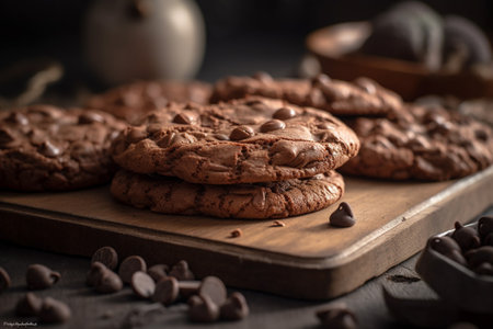 Homemade chocolate cookies on black stone background. Chocolate cookies on table with chocolate crumbs on dark background. AI-Generated imageの素材