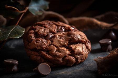 Homemade chocolate cookies on black stone background. Chocolate cookies on table with chocolate crumbs on dark background. AI-Generated imageの素材