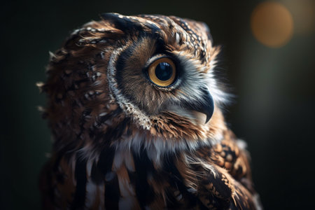 Great horned owl close-up, looking into the distance on a blurred background. AI-Generated imageの素材