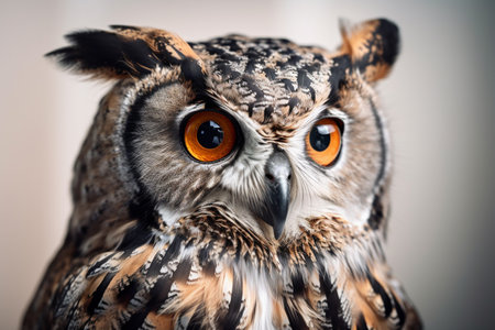 Great horned owl close-up, looking into the distance on a blurred background. AI-Generated imageの素材
