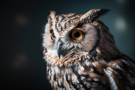 Great horned owl close-up, looking into the distance on a blurred background. AI-Generated imageの素材