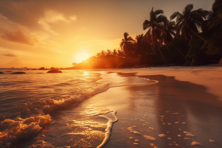 Beautiful landscape with sunset of paradise tropical island beach. Beach vacation summer holidays with sunrise. Tropical resort with coconut palm trees. AI-Generated imageの素材
