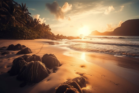 Beautiful landscape with sunset of paradise tropical island beach. Beach vacation summer holidays with sunrise. Tropical resort with coconut palm trees. AI-Generated imageの素材