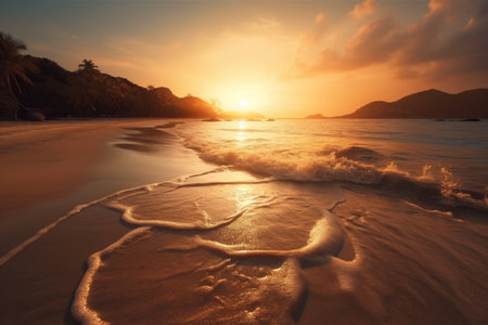 Beautiful landscape with sunset of paradise tropical island beach. Beach vacation summer holidays with sunrise. Tropical resort with coconut palm trees. AI-Generated imageの素材