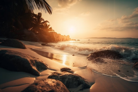 Beautiful landscape with sunset of paradise tropical island beach. Beach vacation summer holidays with sunrise. Tropical resort with coconut palm trees. AI-Generated imageの素材