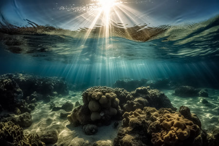 View underwater to the surface ocean, sunbeam penetrate through the top layer of the ocean, illustration. AI generated images. Undersea, marine, world ocean, nature and water, imageの素材
