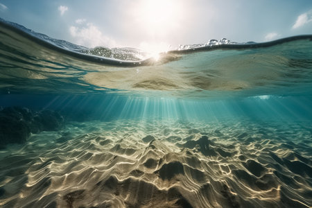 View underwater to the surface ocean, sunbeam penetrate through the top layer of the ocean, illustration. AI generated images. Undersea, marine, world ocean, nature and water, imageの素材