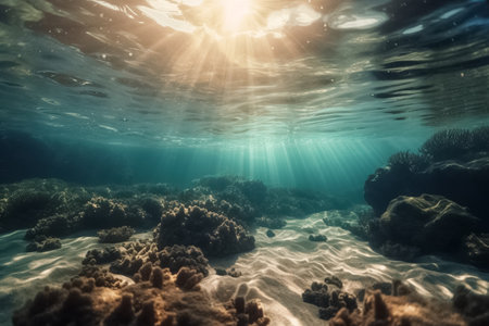 View underwater to the surface ocean, sunbeam penetrate through the top layer of the ocean, illustration. AI generated images. Undersea, marine, world ocean, nature and water, imageの素材