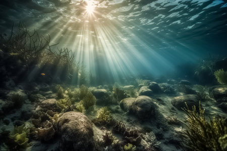 View underwater to the surface ocean, sunbeam penetrate through the top layer of the ocean, illustration. AI generated images. Undersea, marine, world ocean, nature and water, imageの素材