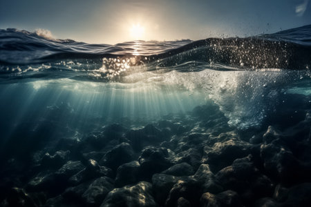 View underwater to the surface ocean, sunbeam penetrate through the top layer of the ocean, illustration. AI generated images. Undersea, marine, world ocean, nature and water, imageの素材