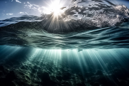 View underwater to the surface ocean, sunbeam penetrate through the top layer of the ocean, illustration. AI generated images. Undersea, marine, world ocean, nature and water, imageの素材