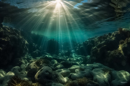 View underwater to the surface ocean, sunbeam penetrate through the top layer of the ocean, illustration. AI generated images. Undersea, marine, world ocean, nature and water, imageの素材