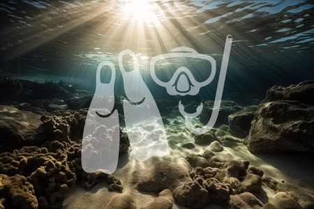 View underwater to surface ocean, sunbeams, diving mask with snorkel and flippers, illustration. AI generated images. Diving, undersea, marine, world ocean, nature and water, imageの素材