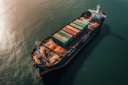 Commerce trade logistic oversea worldwide by container cargo ship boat in the open sea. Container vessel ship leaving the port. AI-Generated imageの素材