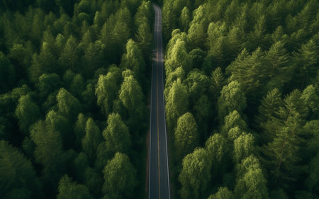 Top view of car is driving along the road among the dense forest. Aerial view green forest with car on the asphalt road. AI-Generated imageの素材