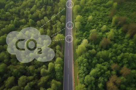 Top view of car is driving along the road among the dense forest. Aerial view green forest with car on the asphalt road. Air pollution from car exhaust. AI-Generated imageの素材