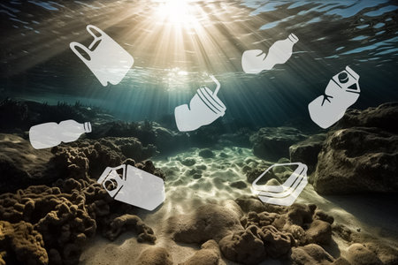 Ocean pollution with plastic and paper, garbage and trash, illustration. AI generated images. Environment, ecology and environmental pollution, plastic bag, plastic bottle and cupの素材