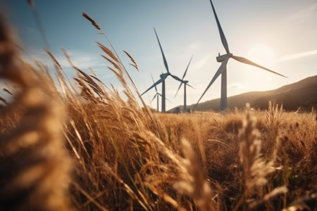 Renewable energy wind power located in the wilderness fields and forests. Wind turbine farm during sunny weather. AI-Generated imageの素材