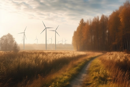 Renewable energy wind power located in the wilderness fields and forests. Wind turbine farm during sunny weather. AI-Generated imageの素材