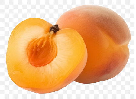 Ripe whole peach, half, sliced and unripe peach. Top view of fresh peach isolated on transparent background. AI-Generated imageの素材