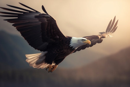 Majestic bald eagle flying in the clouds on mountain peaks covered with forests. Bald eagle soaring in the sky hunts looking for prey.  AI-Generated imageの素材