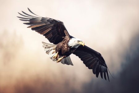 Majestic bald eagle flying in the clouds on mountain peaks covered with forests. Bald eagle soaring in the sky hunts looking for prey.  AI-Generated imageの素材