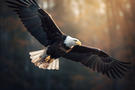 Majestic bald eagle flying in the clouds on mountain peaks covered with forests. Bald eagle soaring in the sky hunts looking for prey.  AI-Generated imageの素材