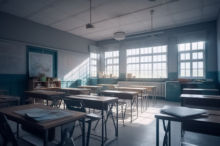 Interior of an empty school classroom with a blackboard, desks and chairs. Education and school concept in vintage tone with wooden chairs and tables. AI-Generated imageの素材