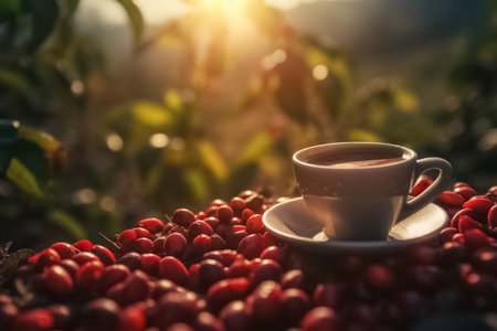 A cup of hot coffee, next to fresh red coffee beans on the background of a coffee plantation. Ð¡offee plantation landscape with coffee tree branches, berries. AI-Generated imageの素材