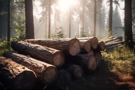 Log trunks pile, timber harvesting. Pile of wooden logs prepared for removal. Logging timber wood industry, timber transportation in forest. AI-Generated imageの素材