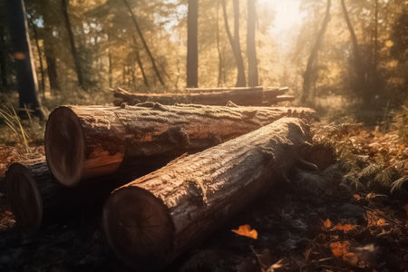 Log trunks pile, timber harvesting. Pile of wooden logs prepared for removal. Logging timber wood industry, timber transportation in forest. AI-Generated imageの素材