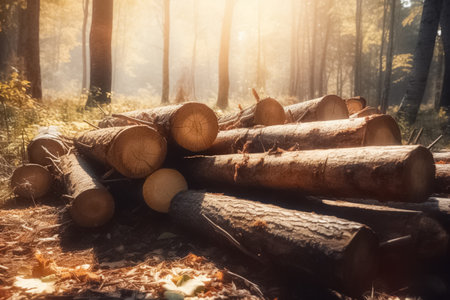 Log trunks pile, timber harvesting. Pile of wooden logs prepared for removal. Logging timber wood industry, timber transportation in forest. AI-Generated imageの素材
