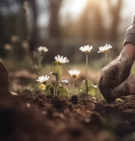 Gardener in gardening gloves is planting flowers in the garden on a sunny day. Gardener taking care of plants and flowers. AI-Generated imageの素材