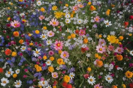 Top view of meadow flowers. Wild flowers grow on the field. AI-Generated images. Top view of a scattering of field and meadow flowers and herbsの素材