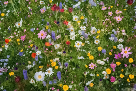Top view of meadow flowers. Wild flowers grow on the field. AI-Generated images. Top view of a scattering of field and meadow flowers and herbsの素材