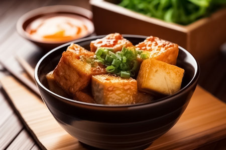Stir fried tofu in a bowl with chopsticks. AI-Generated images. Vegan, vegetarian and asian food conceptの素材