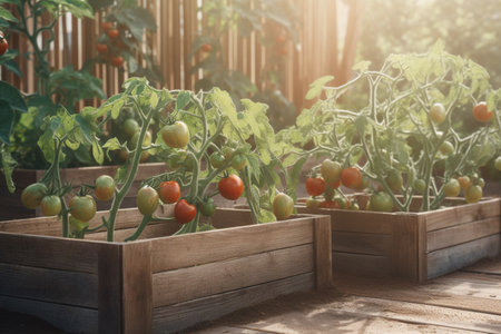 Growing cherry tomatoes at home in the backyard. Urban gardening: growing fresh vegetables in a raised garden box. AI-Generated imageの素材