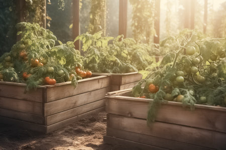 Growing cherry tomatoes at home in the backyard. Urban gardening: growing fresh vegetables in a raised garden box. AI-Generated imageの素材