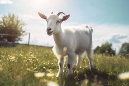 White goat grazes in a field with green grass and yellow dandelions on a sunny day. White horned goat walks on a green meadow in a farm. AI-Generated imageの素材