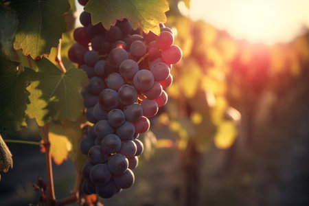 Close-up of a bunch of ripe red grapes in the countryside at sunset. Grapes hanging on a vine against the backdrop of a vineyard in clear sunny weather. AI-Generated imageの素材