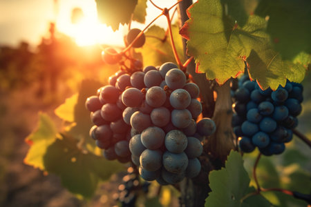Close-up of a bunch of ripe red grapes in the countryside at sunset. Grapes hanging on a vine against the backdrop of a vineyard in clear sunny weather. AI-Generated imageの素材
