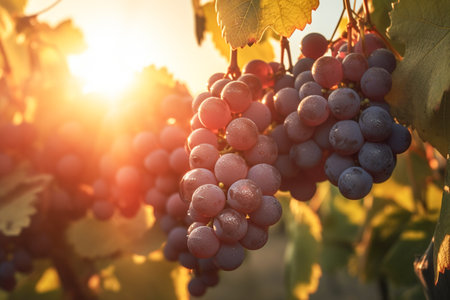 Close-up of a bunch of ripe red grapes in the countryside at sunset. Grapes hanging on a vine against the backdrop of a vineyard in clear sunny weather. AI-Generated imageの素材