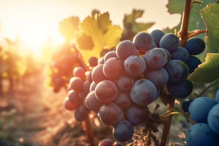 Close-up of a bunch of ripe red grapes in the countryside at sunset. Grapes hanging on a vine against the backdrop of a vineyard in clear sunny weather. AI-Generated imageの素材