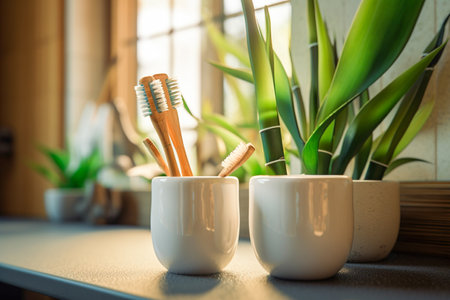 Ecological bamboo toothbrushes in bathroom. Two natural eco friendly wooden toothbrushes in a cup on blurred window background. AI-Generated imageの素材